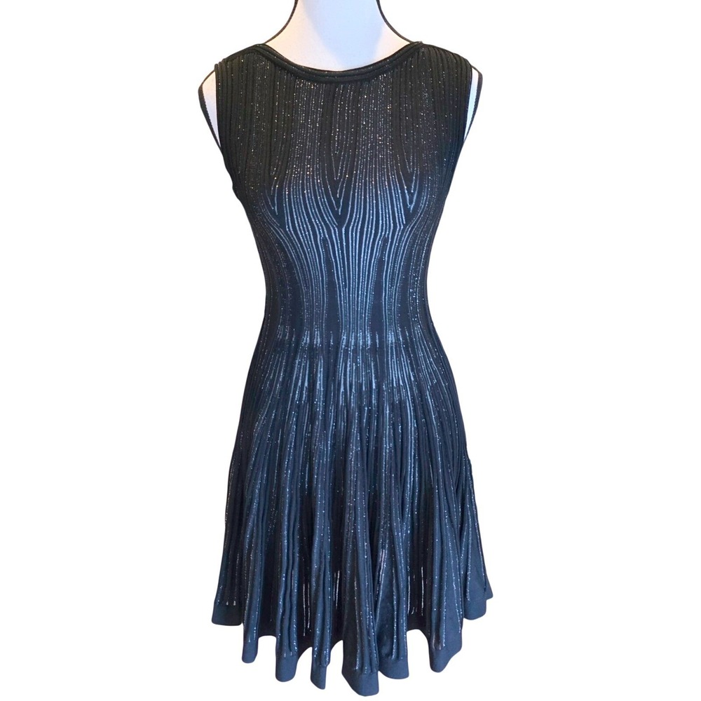 NWT KRMA Los Angeles Metallic Silver Striped Ribbed Knit Skater Dress XS‎ New
